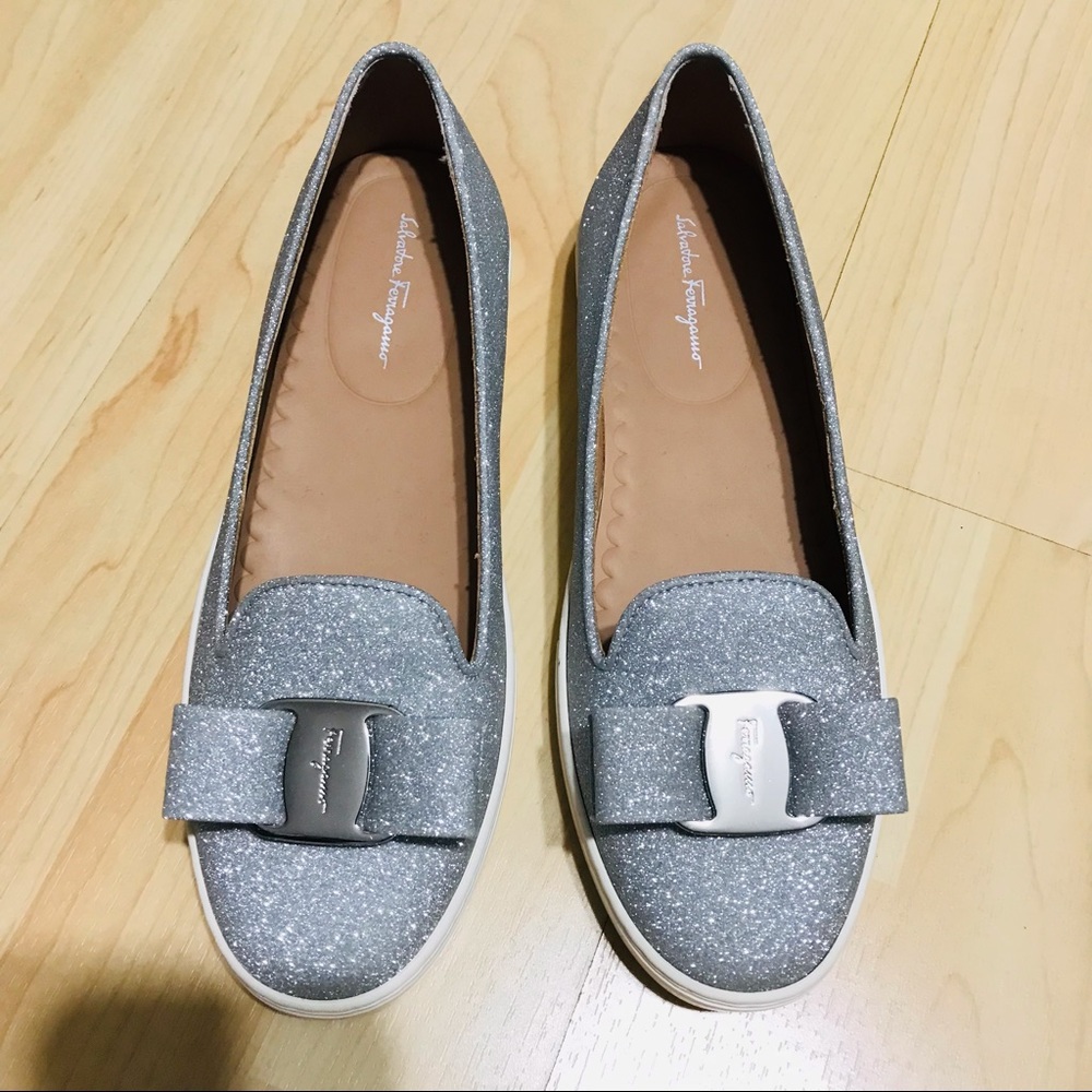 Salvatore Ferragamo Silver Vara Bow Slip-on Sneakers